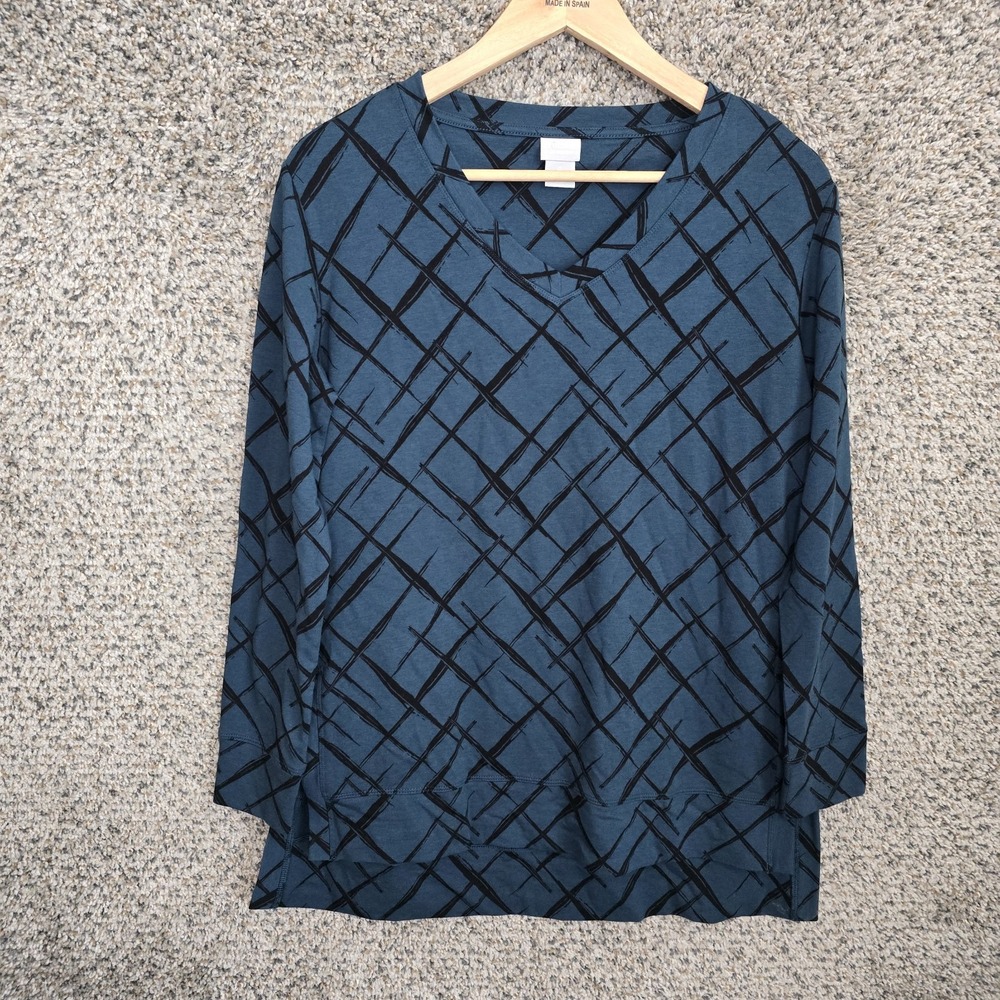 Chicos‎ Top Womens 0 US Small Blue V Neck Printed Stretch Tee Casual Ladies